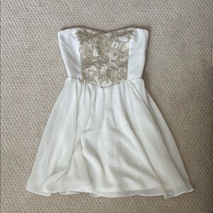 White and Gold Juniors Strapless Mini Dress
